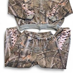 Camo Lace-Up Track Pants - Pink Accents